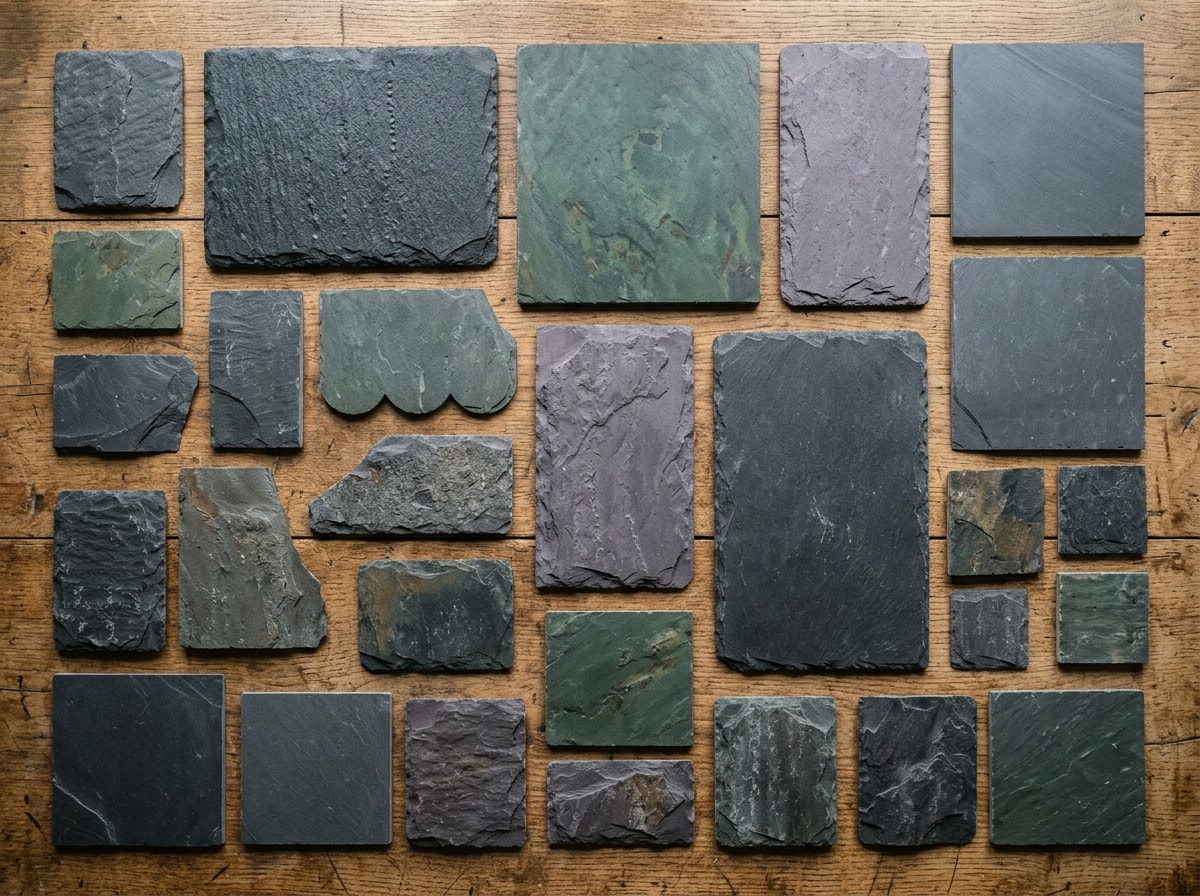 Variety of natural slate roof color and texture samples used for custom Tulsa roofing projects