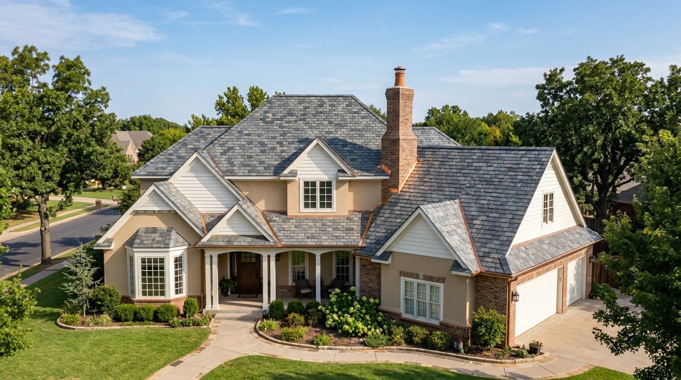 Finished natural slate roof on a Tulsa, OK home Finished natural slate roof on a Tulsa, OK home