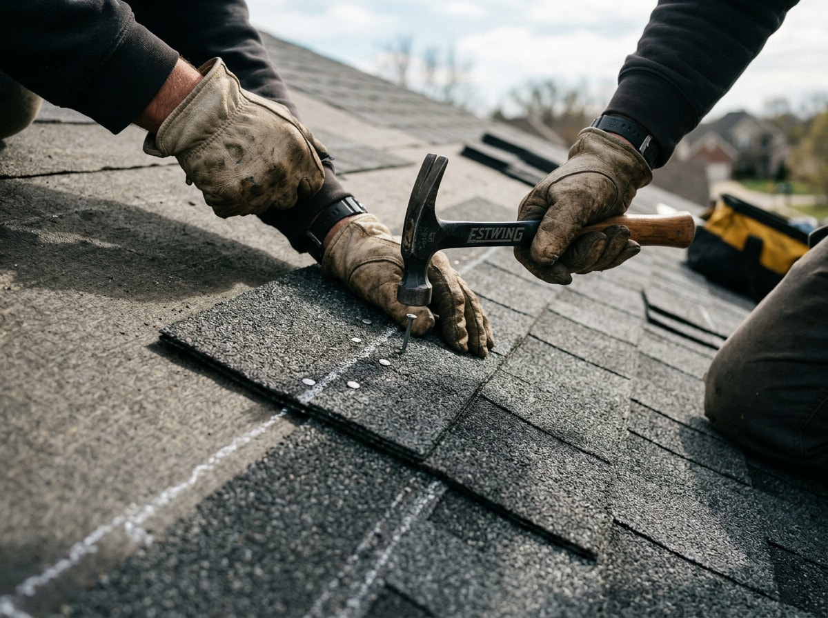 Roofing crew installing impact-resistant asphalt shingles on a two-story home