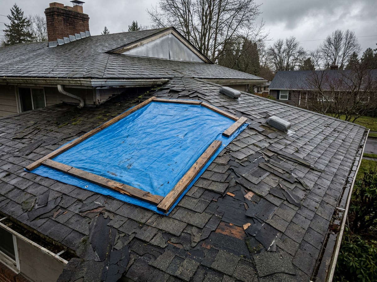 Roofing contractor installing a blue tarp over storm-damaged shingles
