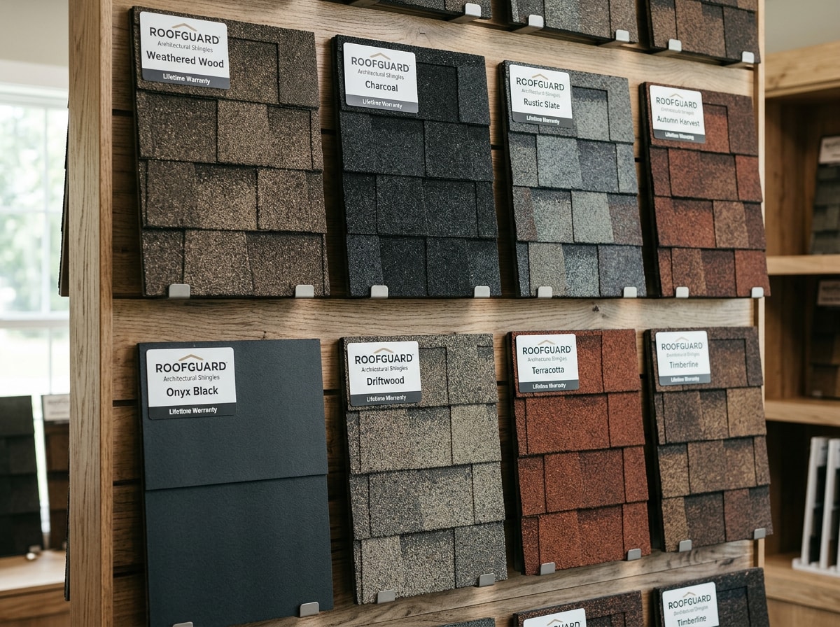Architectural shingle samples in multiple colors displayed in a showroom