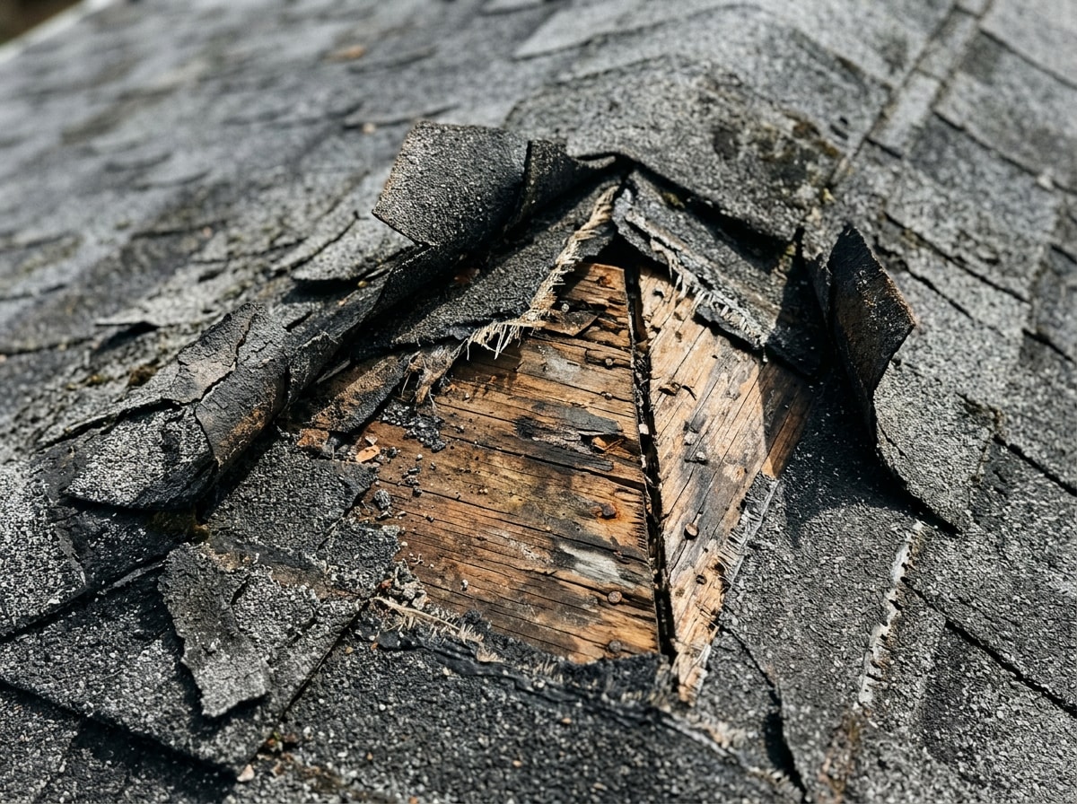 Close-up of cracked and curling asphalt shingles with exposed roof decking