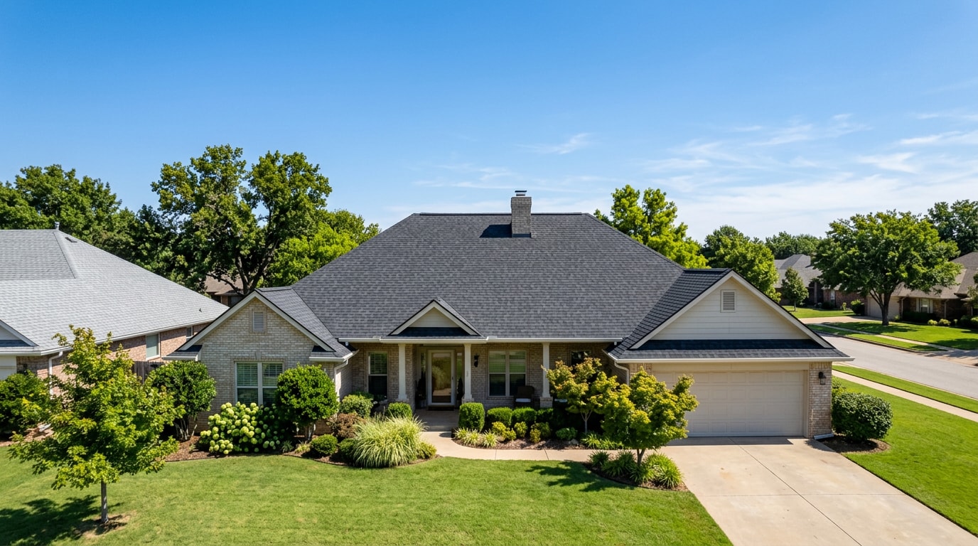 Finished asphalt shingle roof on a Broken Arrow, OK home