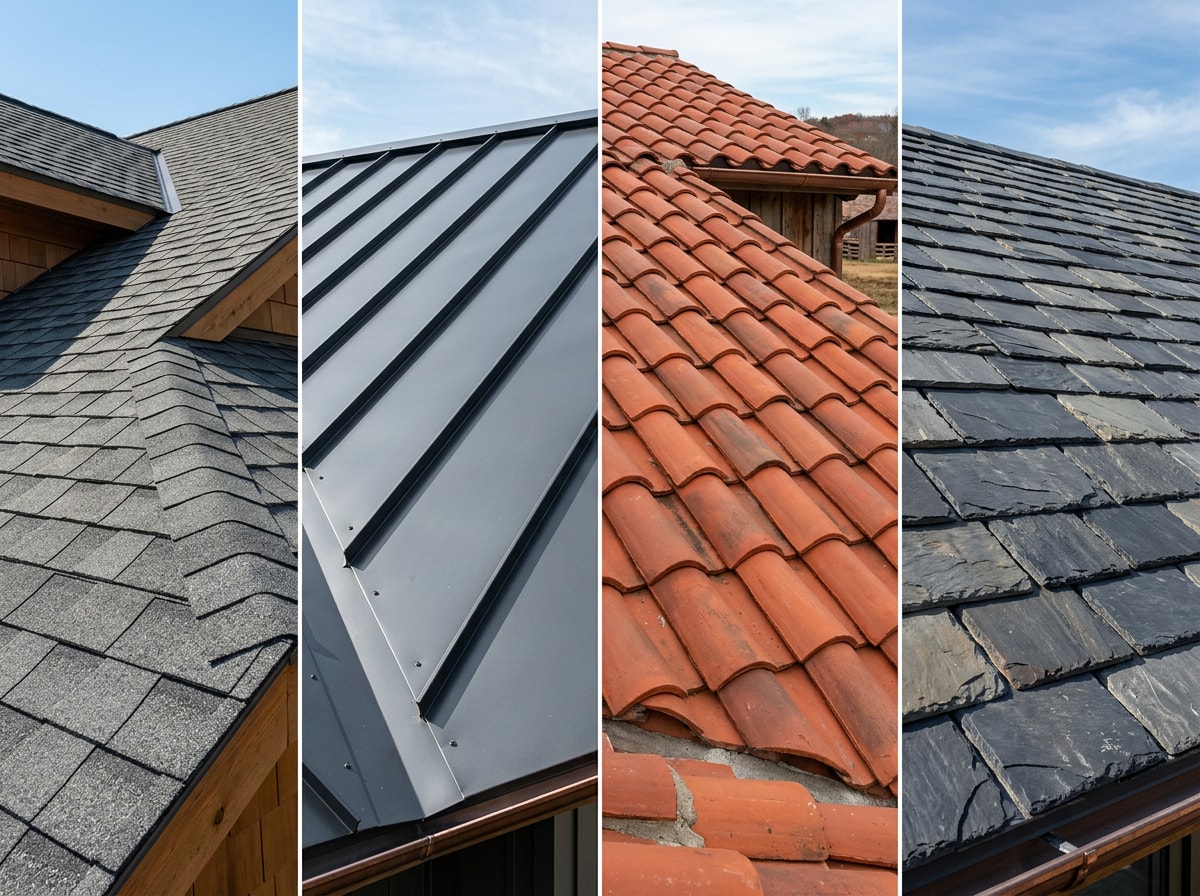 Side-by-side comparison of asphalt shingle, metal, tile, and slate roofing materials on homes