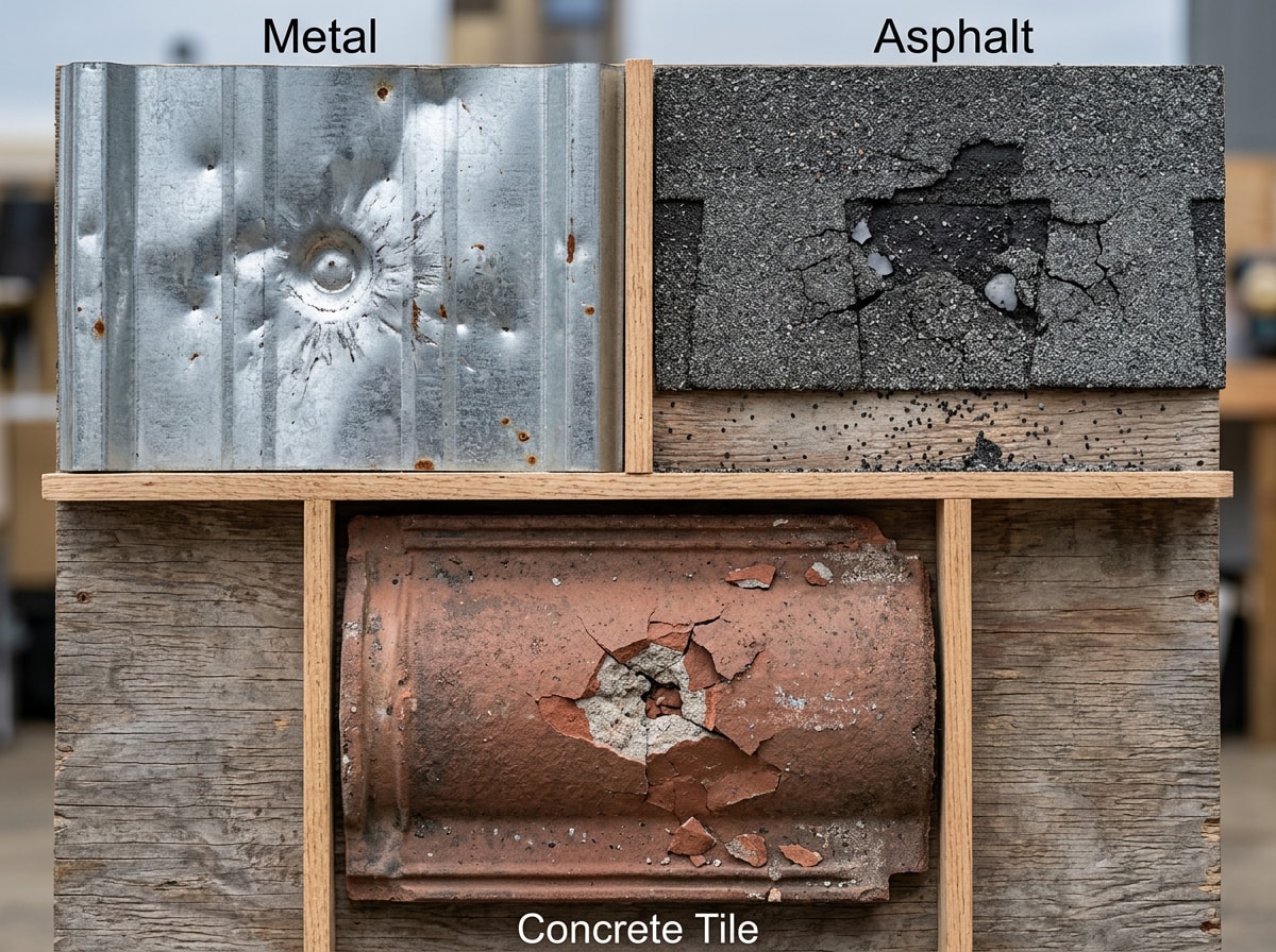 Close-up comparison photo showing hail damage impact on different roofing material types