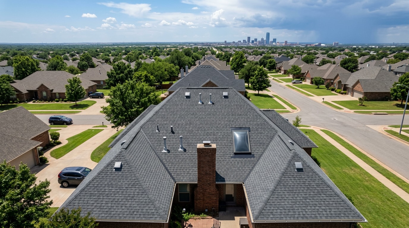 Finished architectural asphalt shingle roof on an Oklahoma City home