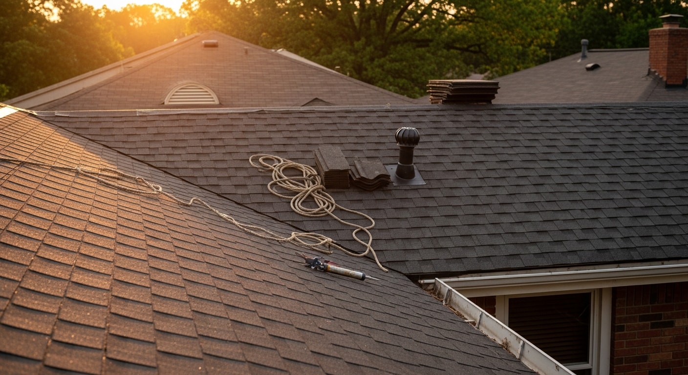 Professional roofer installing shingles on residential roof