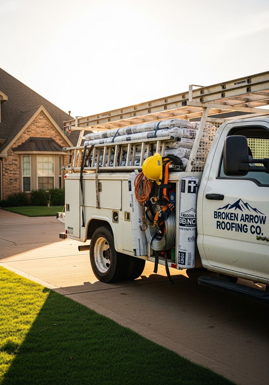 Crew member in professional attire standing beside service vehicle in Broken Arrow residential driveway.