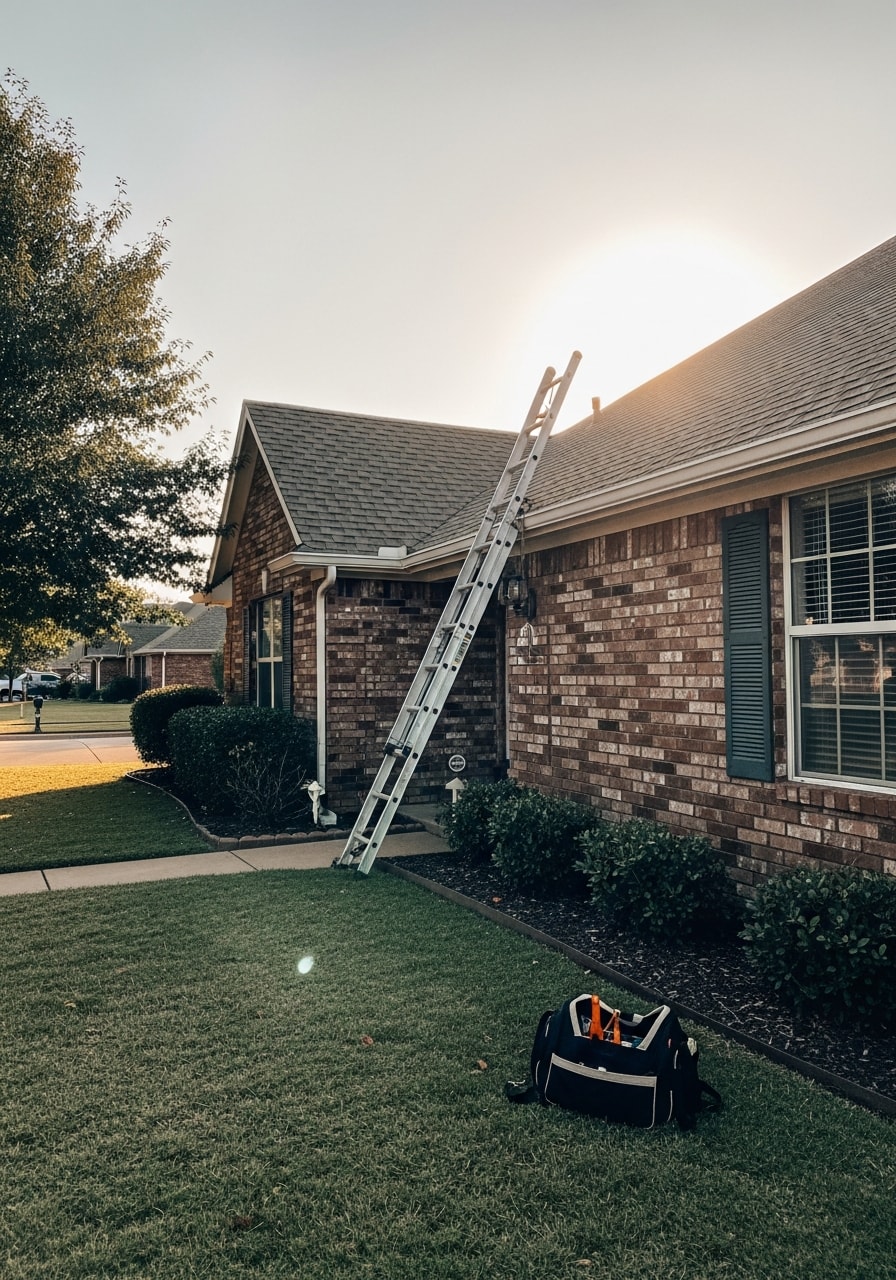Professional service technician in branded uniform standing in front of well-maintained Edmond home.