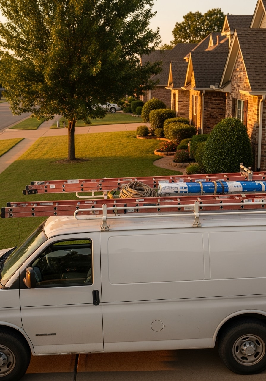 Service professional in work uniform standing beside company vehicle in Jenks residential driveway.
