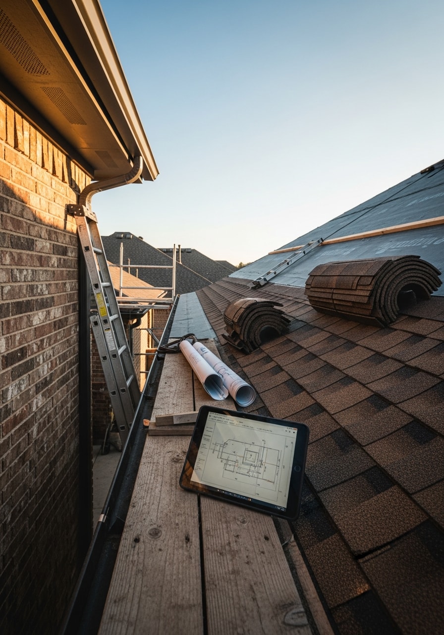 Service professional in uniform holding tablet while reviewing project details at residential Oklahoma City property.