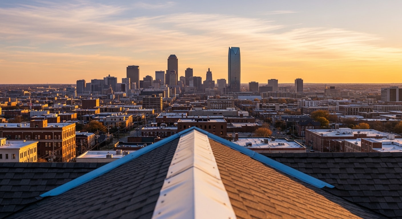 Panoramic view of Oklahoma City skyline at dusk with downtown buildings and clear horizon.