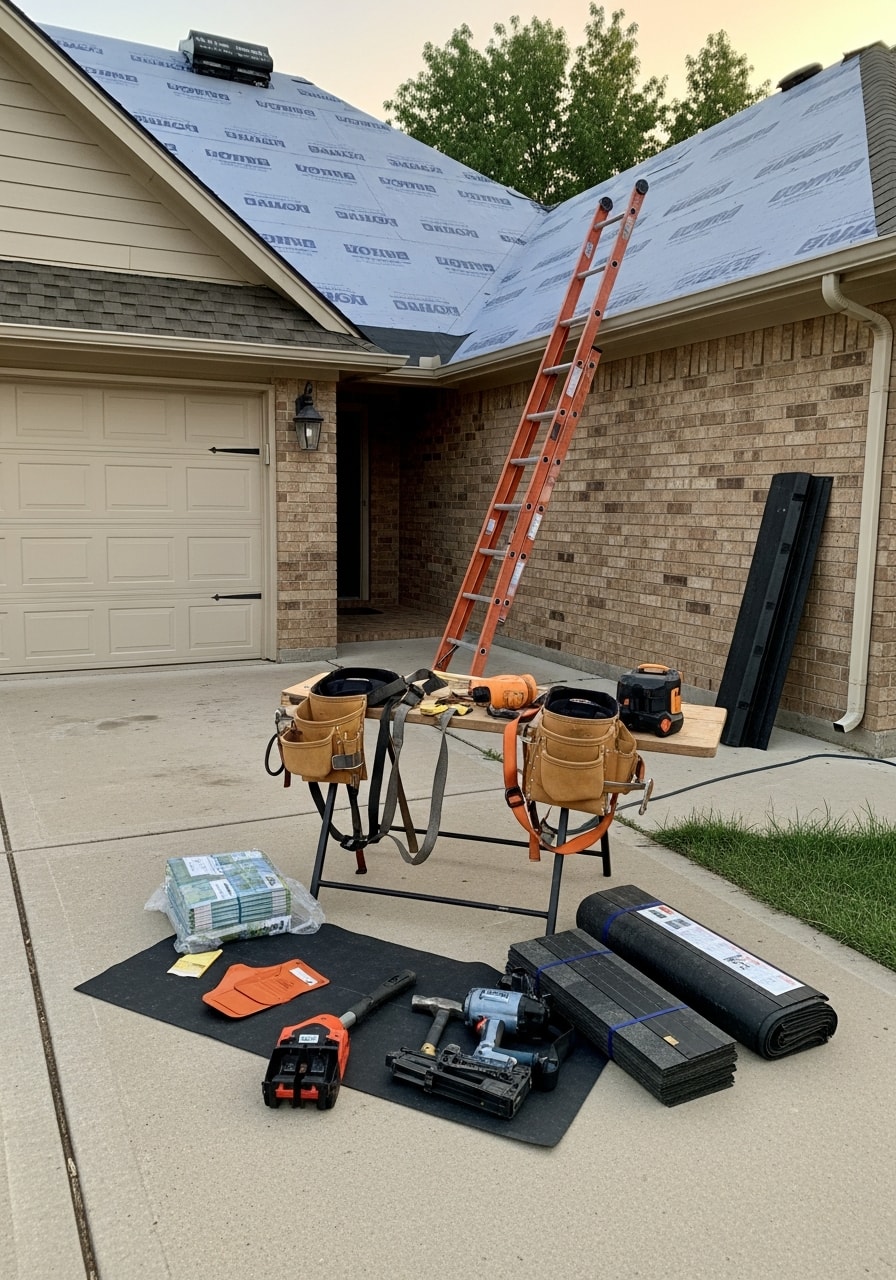 Professional service technician in uniform standing in Owasso driveway with residential home in background.