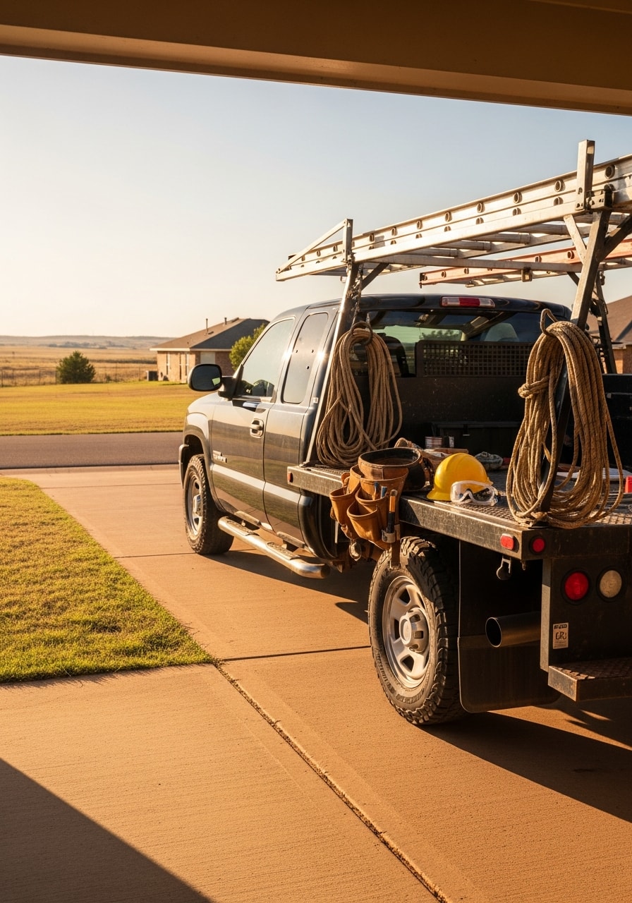 Close-up of professional crew member in work gear standing in front of service truck in Piedmont driveway.