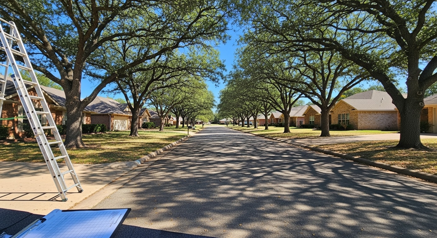 Wide view of Piedmont residential street with newer homes and mature trees under clear Oklahoma sky.