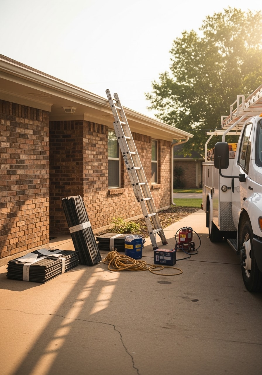 Crew member in work attire standing beside service vehicle in Tulsa driveway with residential home in background.