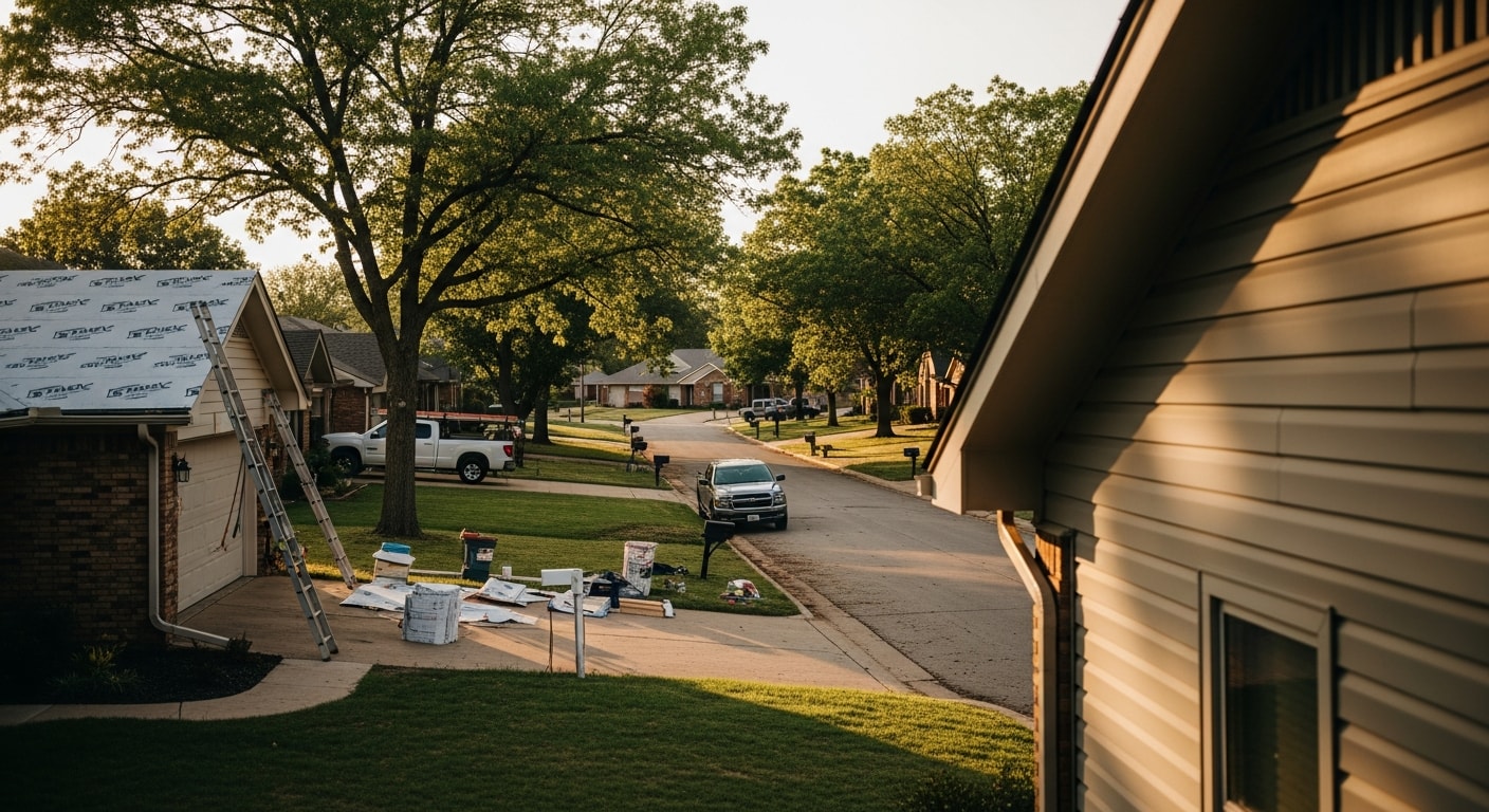 Wide shot of Tulsa residential neighborhood with tree-lined street and mix of home styles.
