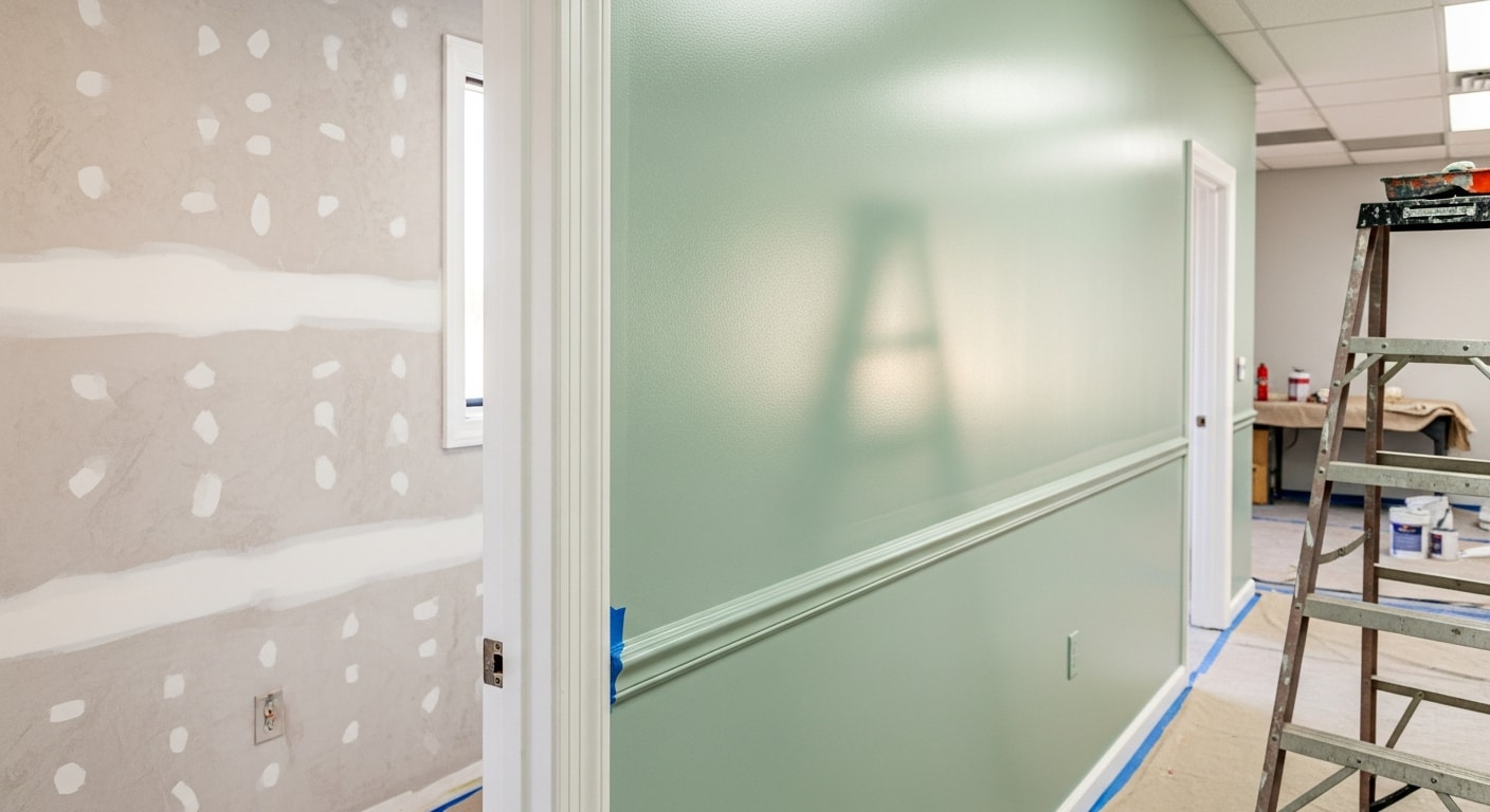 Freshly painted exterior facade of a commercial building in Piedmont, showing clean, even coatings on stucco walls and painted trim. A painting contractor applies a second coat to a multi-story commercial property in the East Bay.