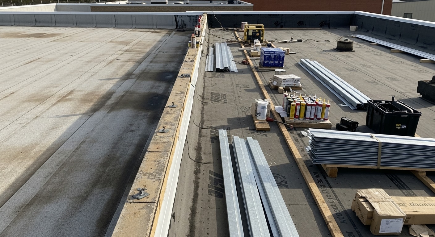 A commercial mixed-use building in Piedmont with a repaired flat roof and restored exterior cladding. A&H Roofing And Contracting crew members work on the roofline from a secured work platform.