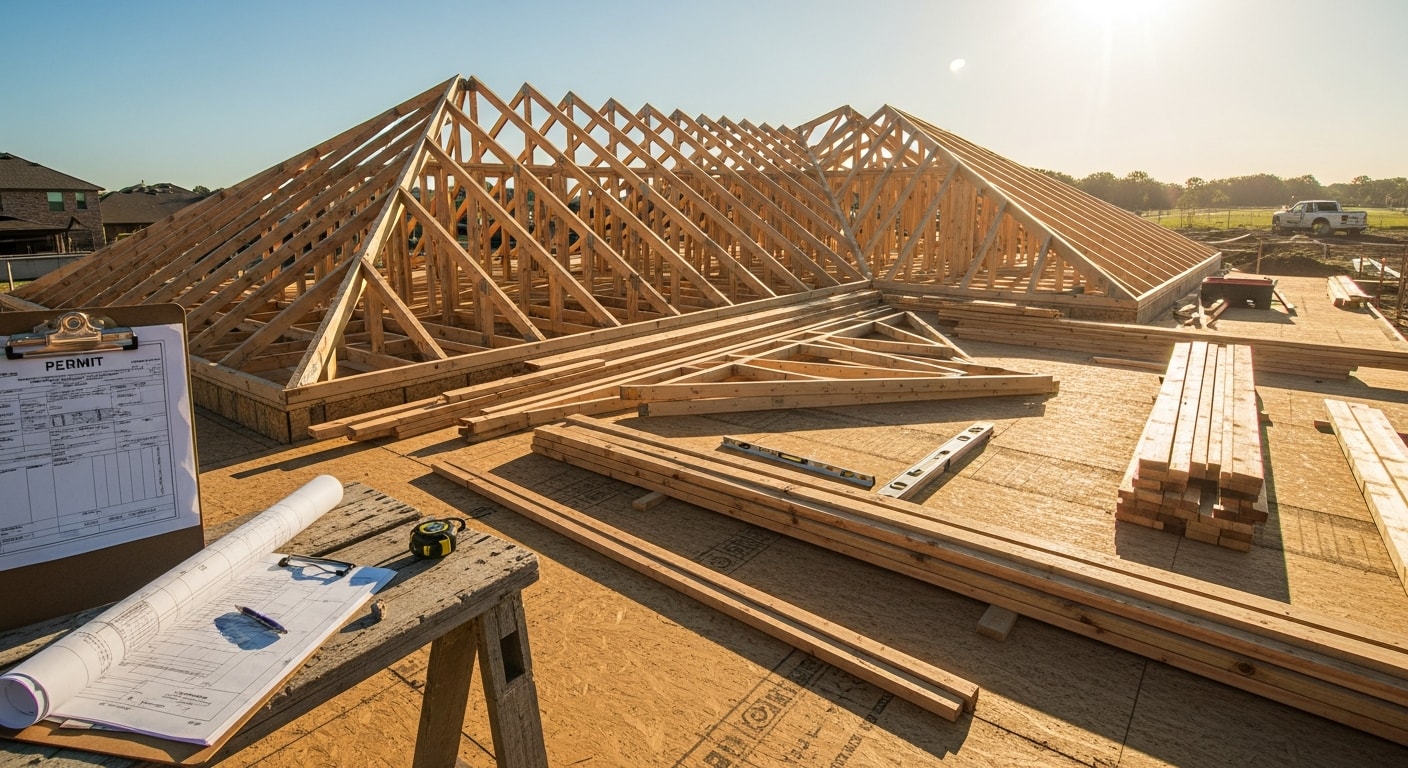 A construction manager reviewing project plans on a clipboard at a residential job site in Piedmont, CA. A partially renovated single-family home with scaffolding is visible in the background.