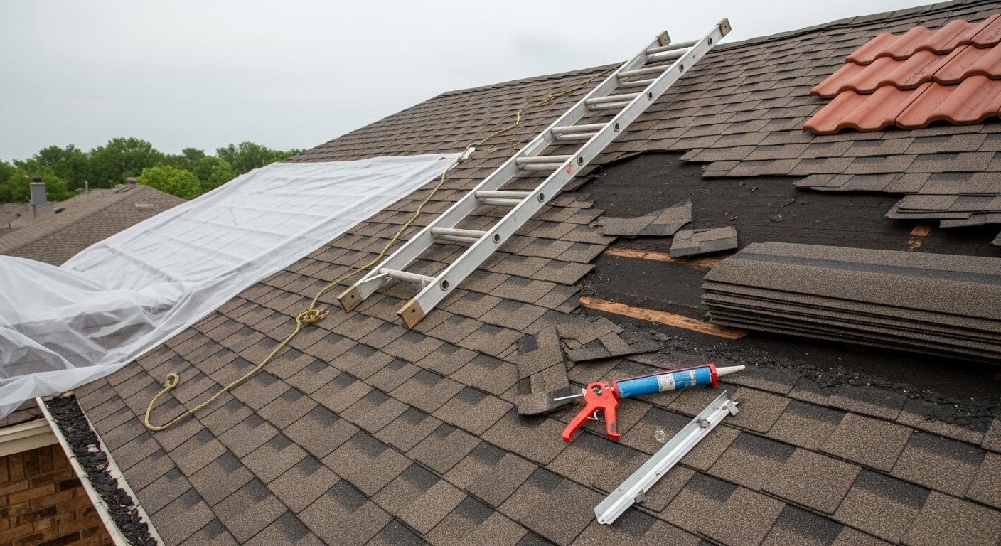 A roofer from A&H Roofing And Contracting repairing storm-damaged shingles on a single-family home in Piedmont, Alabama. Missing shingles and exposed roof decking are visible following a severe thunderstorm.