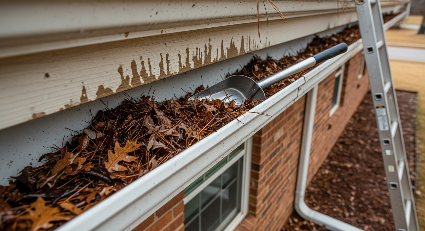 A contractor clearing packed leaf and twig debris from a residential gutter on a single-story home in Piedmont, Oklahoma. The downspout and gutter channel are visible with storm debris removed and water flowing freely.