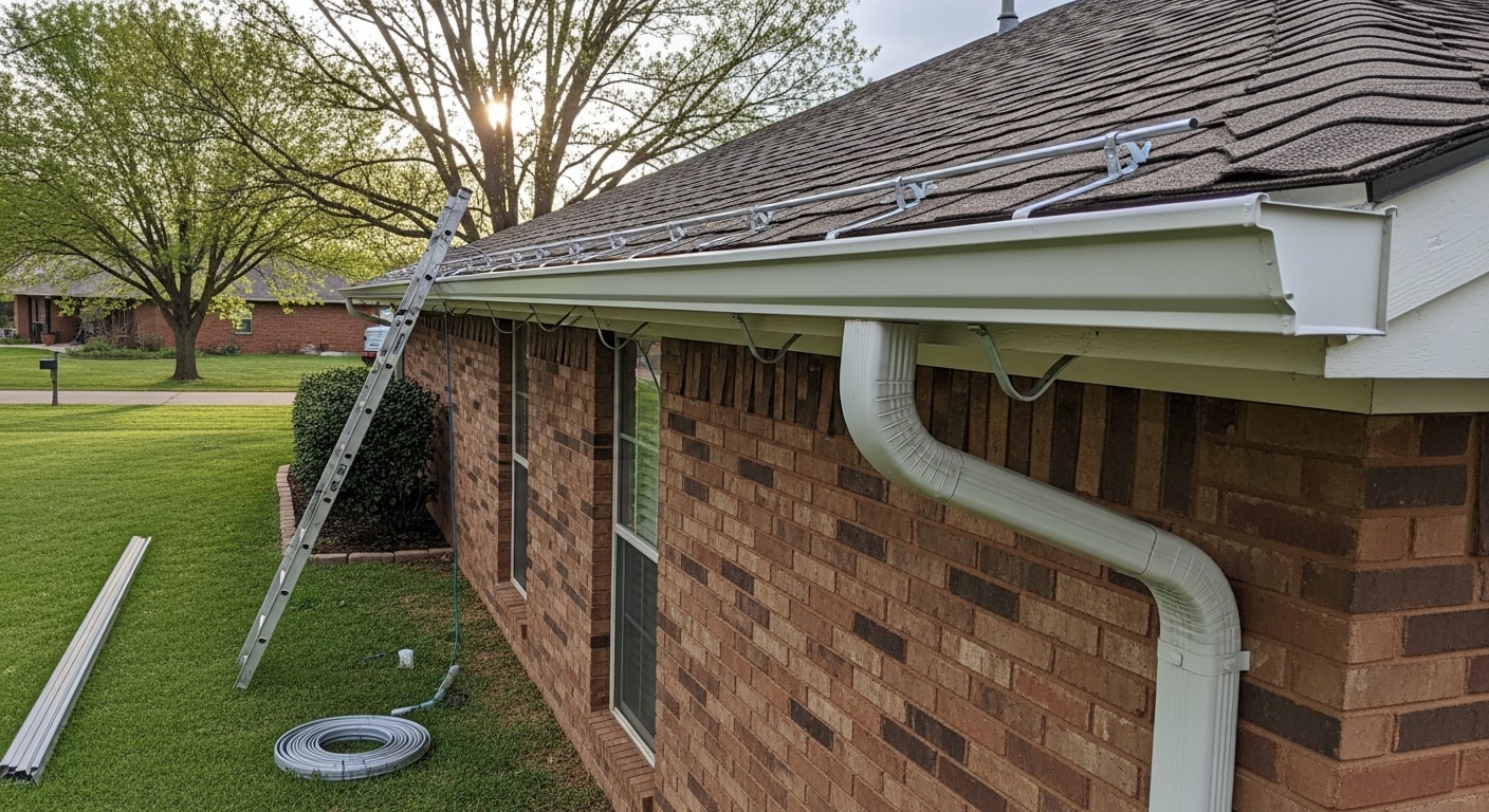 A newly installed seamless gutter system running along the roofline of a residential home in Piedmont, Oklahoma, with a downspout directing water away from the foundation. Close-up view shows secure hanger brackets and clean fascia attachment on a single-story house.