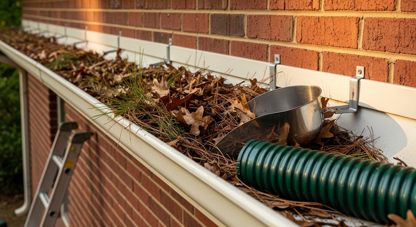 A gutter along the roofline of a Piedmont home being cleared of packed leaves and debris by a contractor. The downspout below runs cleanly to the ground with no overflow or staining on the siding.