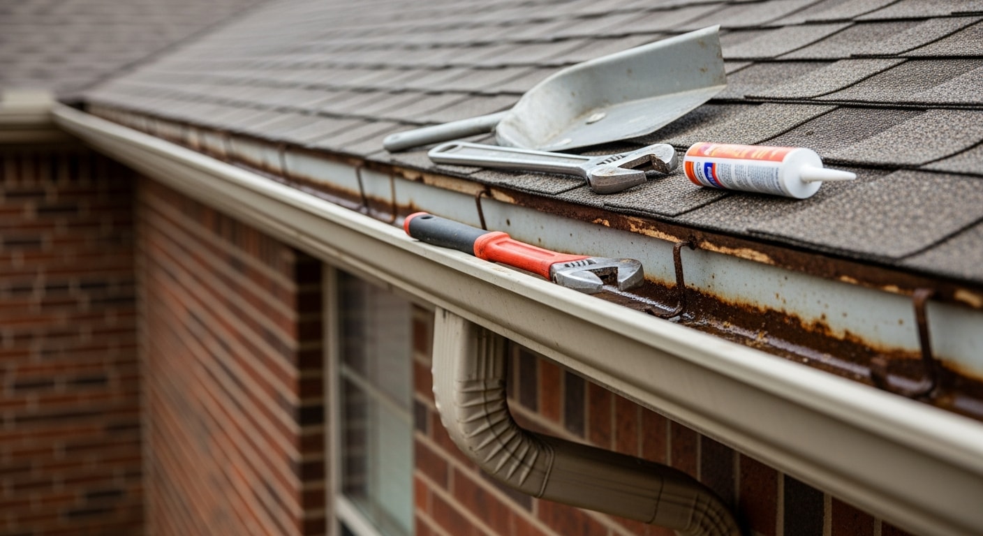 A contractor resealing a leaking gutter joint on a residential home in Piedmont, CA, with a downspout and fascia board visible in the background. The repair is shown on a single-story roofline during dry weather between rain seasons.