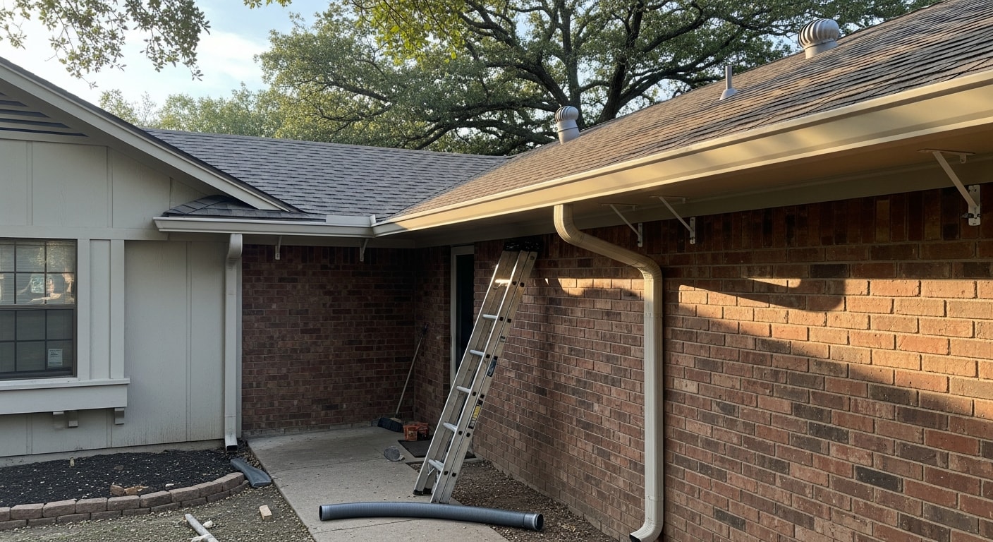 New gutters installed along the roofline of a historic single-family home in Piedmont, CA, with downspouts positioned along the exterior wall. Close view shows clean fascia and properly fitted gutter sections on a tree-lined residential street.