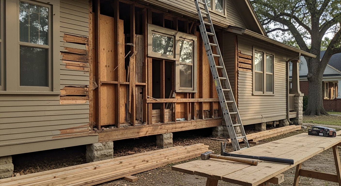 A&H Roofing And Contracting crew completing exterior home repairs on a single-family Craftsman-style home in Piedmont, CA. Repaired siding and roofline visible against the home's original wood trim and facade.