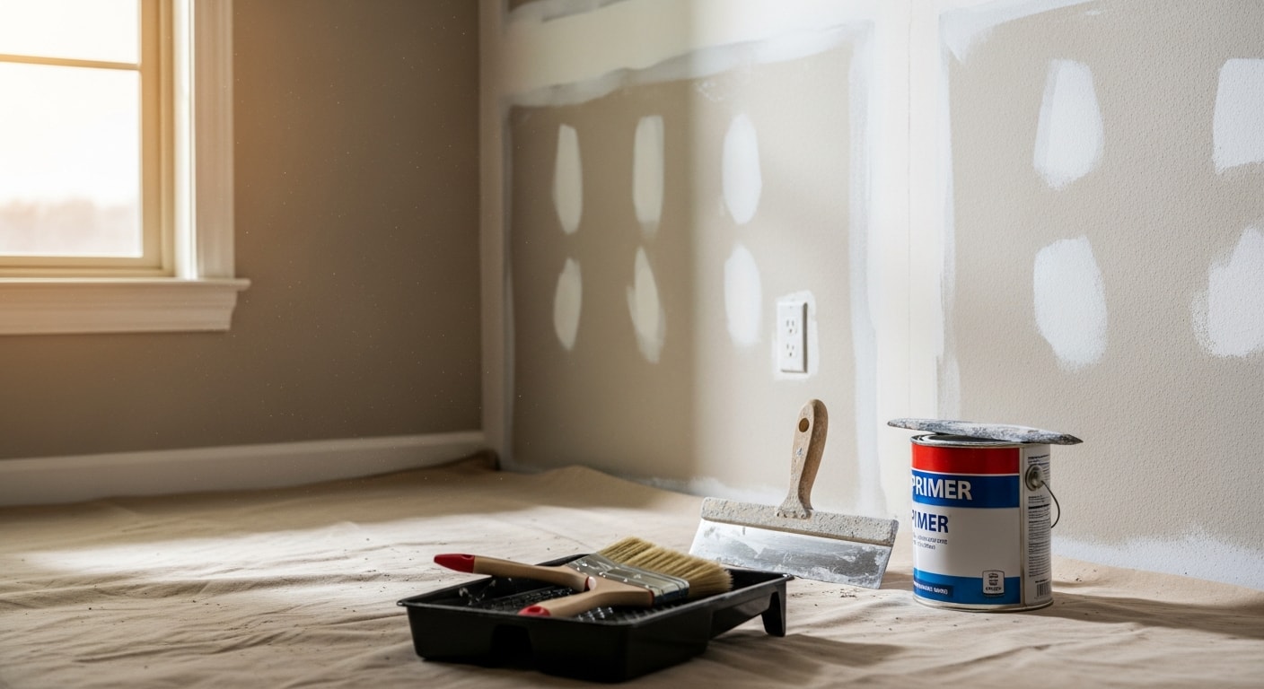 Interior living room in a Piedmont, OK single-family home with freshly painted walls, clean trim lines, and smooth ceiling finish. A painting contractor applies a second coat to the accent wall using a roller and brush detail work along the baseboard.