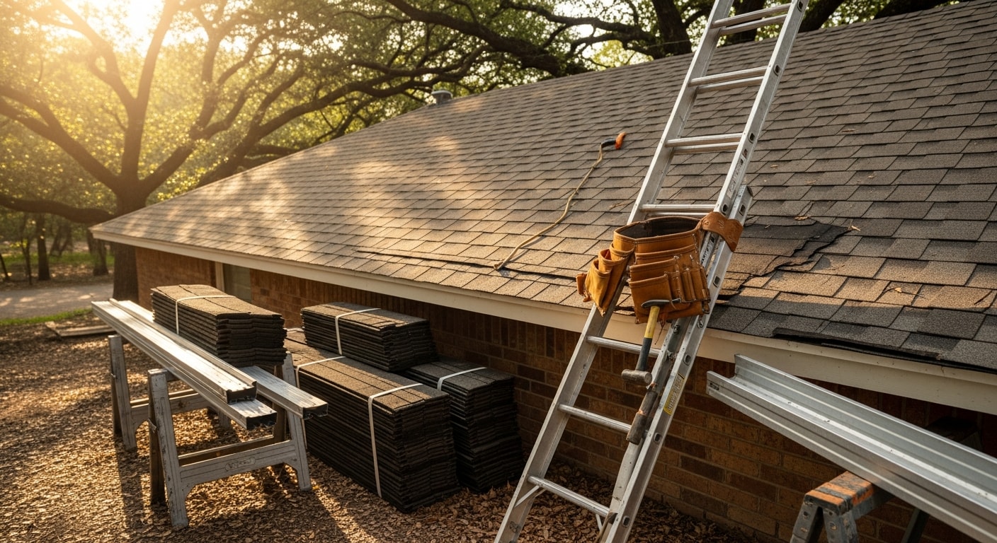 A contractor inspecting the roof and gutters of an older single-family home in Piedmont, CA. Mature trees surround the property and the exterior shows recently repaired siding and clean downspouts.