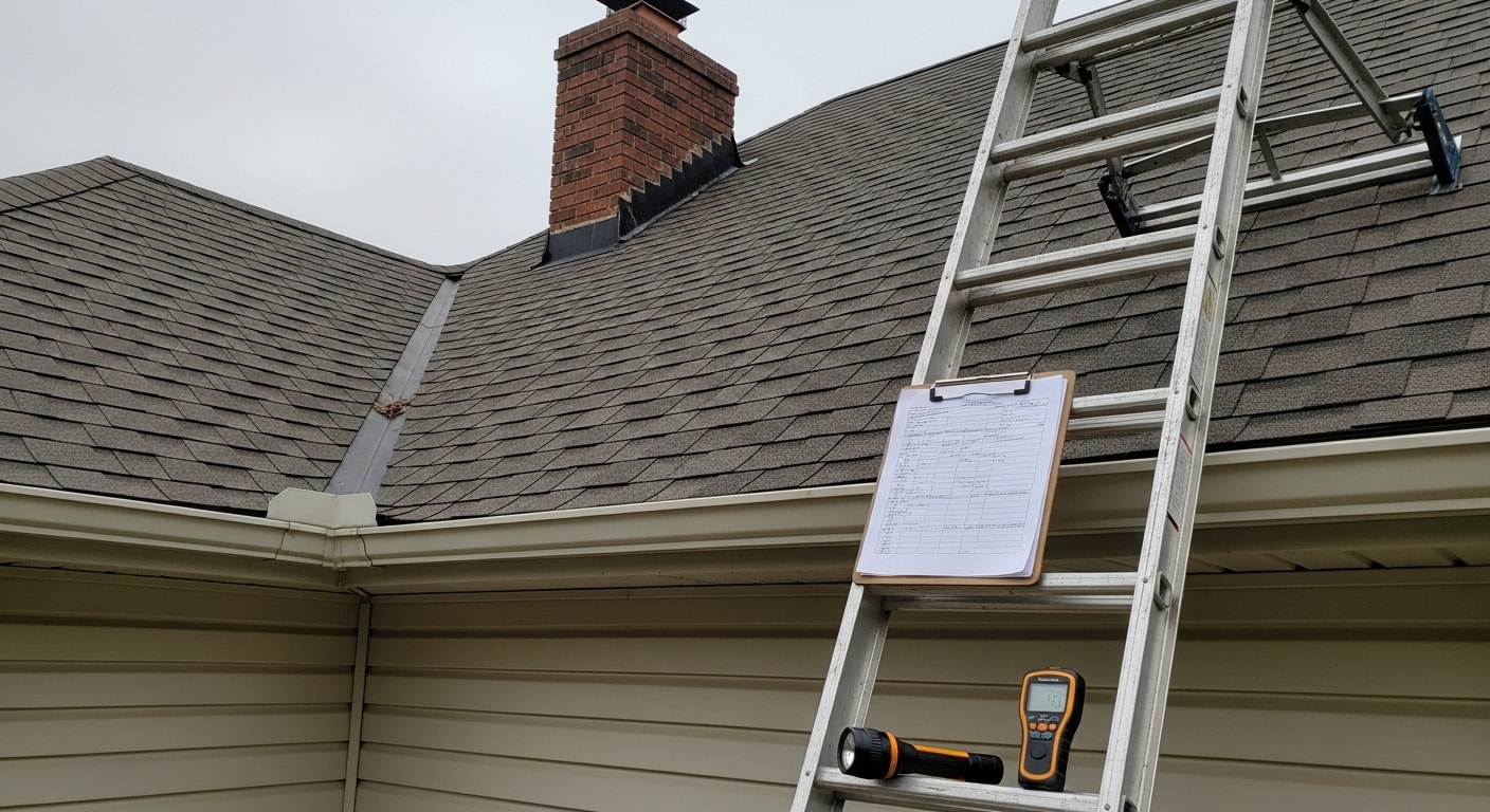 A roofing contractor from A&H Roofing And Contracting inspecting shingles and flashing on a residential roof in Piedmont, YES. Close-up view shows the inspector examining a roof section for storm damage and wear.