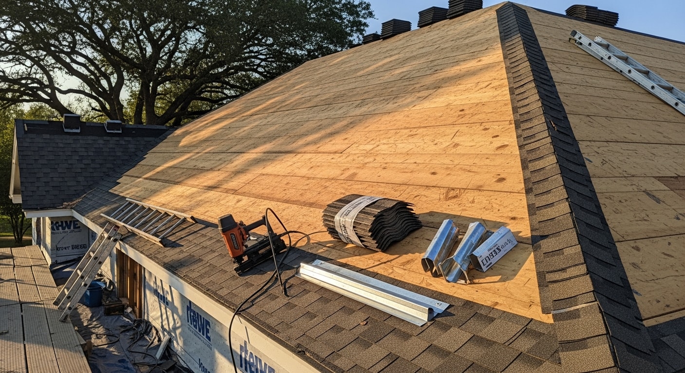 A newly installed roof on a two-story Craftsman-style home in Piedmont, CA, with clean ridge lines and finished flashing visible against a clear East Bay sky. The surrounding mature trees and landscaped front yard reflect the residential character of the Piedmont neighborhood.