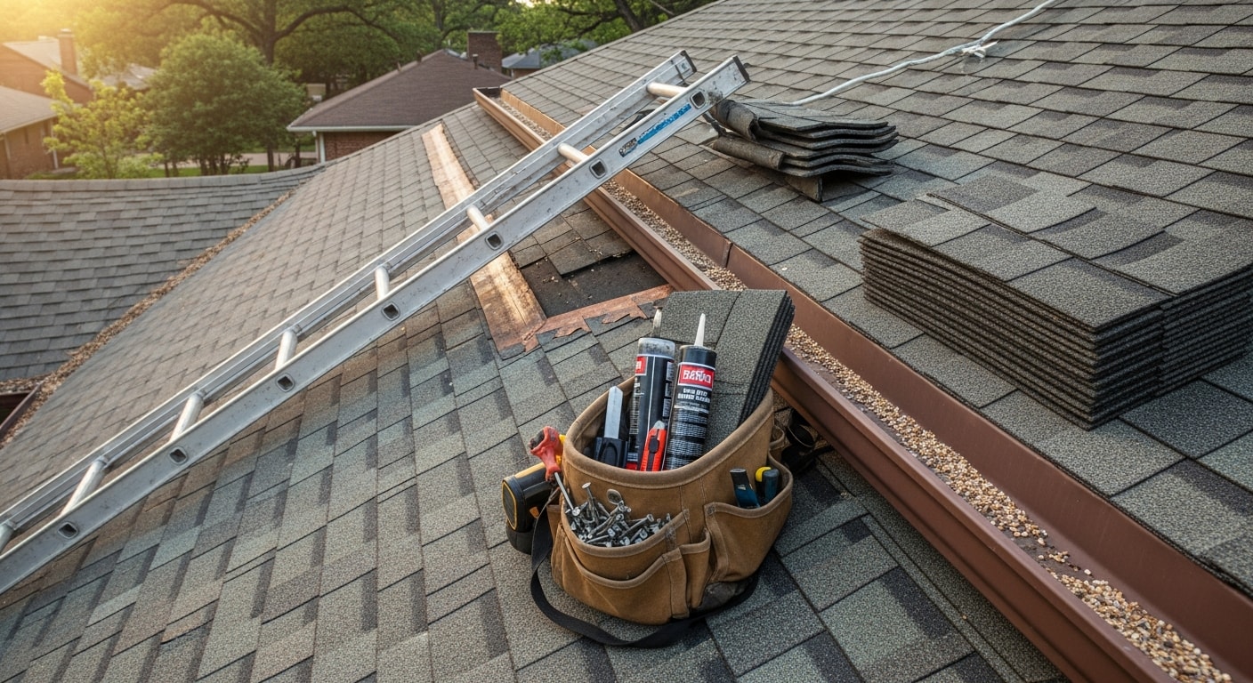 A roofing contractor repairing flashing and damaged roofing material on a pre-war single-family home in Piedmont, CA. The home features a steeply pitched roof typical of the Tudor and Craftsman architecture common throughout the city.