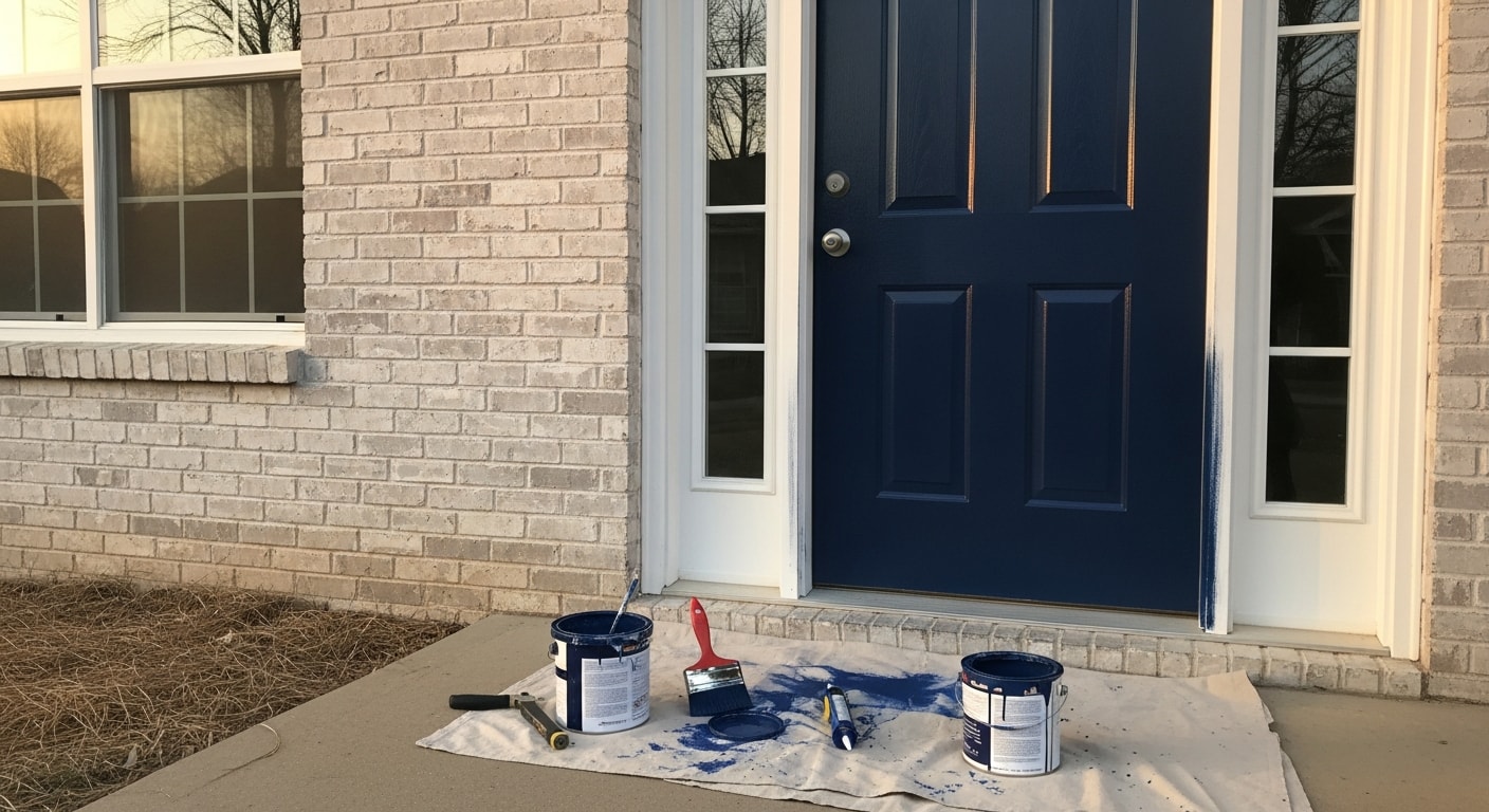 A freshly painted white trim and dark-colored front door on a brick ranch-style home in Piedmont, Oklahoma. Clean paint lines run along the window casings, fascia, and entry door frame against a clear Oklahoma sky.
